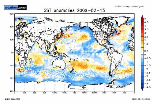 Sea surface temperature anomalies February 15th 2009